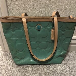 Coach Green and Tan Quilted Tote Bag